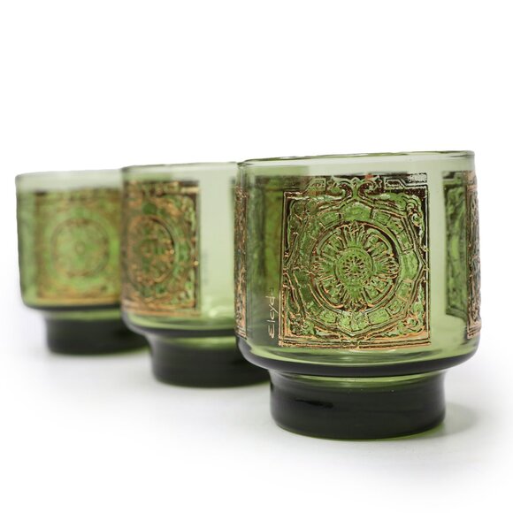 VINTAGE Libbey Elcyda Glasses SET of 3 Green Gold MCM Rocks Barware Old Fashione - Picture 4 of 11